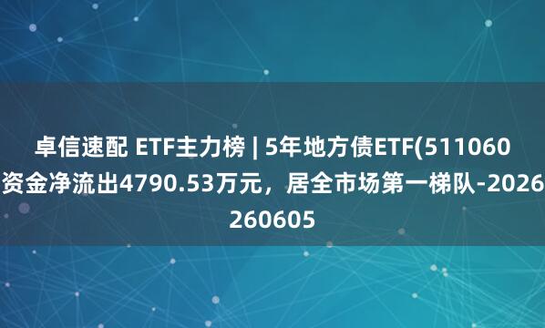 卓信速配 ETF主力榜 | 5年地方债ETF(511060)主力资金净流出4790.53万元，居全市场第一梯队-20260605